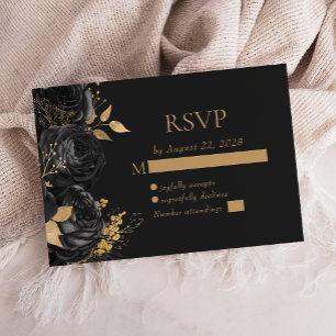 Elegante schwarze Blumen Gold Dunkle Hochzeit RSVP Karte