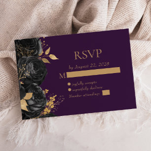 Elegante schwarze Blumen Gold-Purple-Hochzeit RSVP Karte