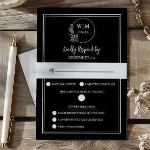 Elegante schwarze Blumenmonogramm-Antwortkarte RSVP Karte