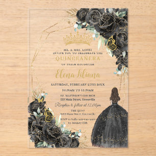 Elegante schwarze Blumenrosen Goldene Quinceanera Acryleinladungen