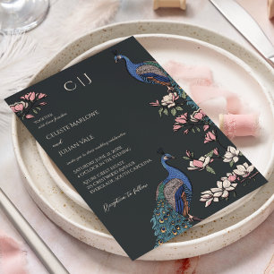 Elegante Schwarze Blumige Pfau-Hochzeit Einladung