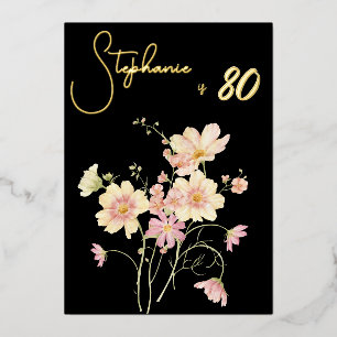 Elegante schwarze Blush-Blumen 80. Geburtstag Rose Folieneinladung