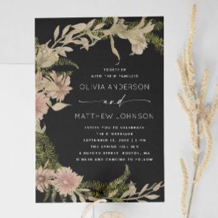 Elegante Schwarze Botanische Hochzeit Floral Fer Einladung