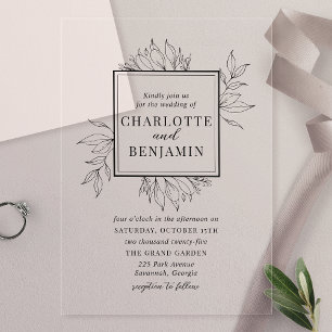 Elegante schwarze botanische Rahmen Hochzeit Acryleinladungen