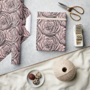 Elegante Schwarze botanische Rose in Rosa Geschenkpapier