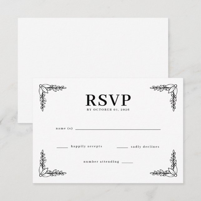 Elegante schwarze botanische RSVP Karte (Vorne/Hinten)