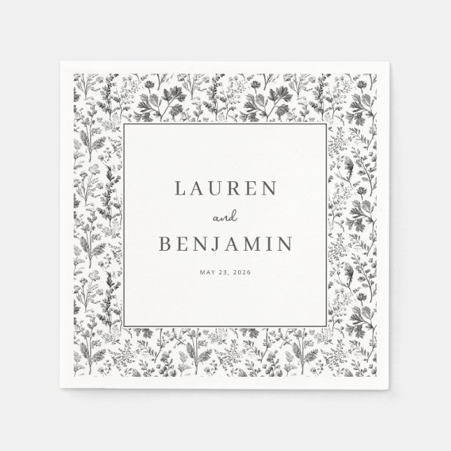 Elegante schwarze botanische Umrandung Serviette (Vorderseite)