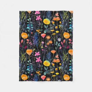 Elegante schwarze bunte Wildblumen Aquarell Fleecedecke