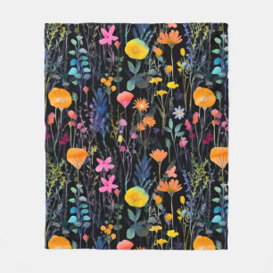 Elegante schwarze bunte Wildblumen Aquarell Fleecedecke