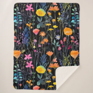 Elegante schwarze bunte Wildblumen Aquarell Sherpadecke