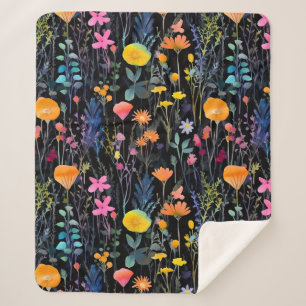 Elegante schwarze bunte Wildblumen Aquarell Sherpadecke
