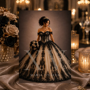 Elegante schwarze Champagner-Gold-Quinceañera Einladung
