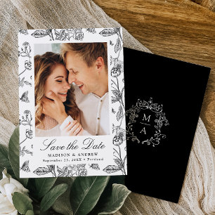 Elegante schwarze Chinoiserie-Blumen-Hochzeitsfoto Save The Date