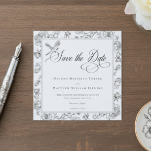 Elegante schwarze Chinoiserie Vogel & Wappen Hochz Save The Date
