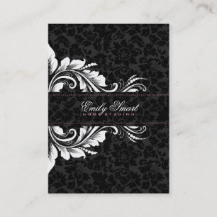 Elegante Schwarze Damaskus Weiße Blumen Ornament 2 Visitenkarte