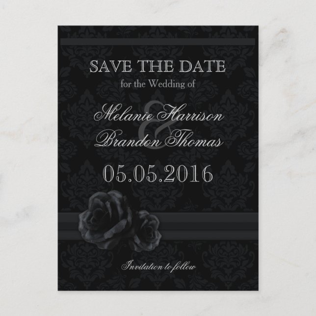 Elegante schwarze Damast Save the Date Postkarten (Vorderseite)