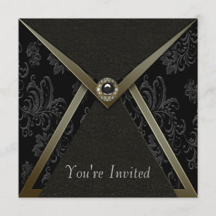 Elegante schwarze Damast-Schwarz- und Gold-Party Einladung