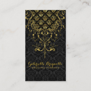 Elegante schwarze Damaststoffe und goldene Blumen- Visitenkarte