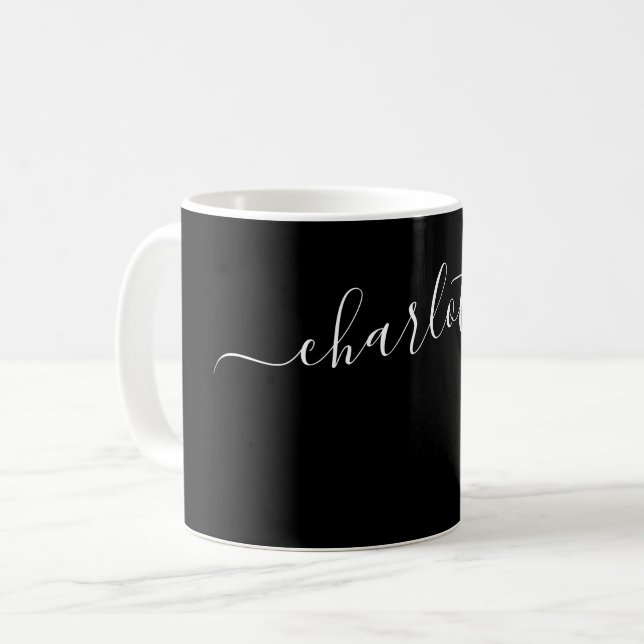 Elegante schwarze Farbe moderne Name personalisier Kaffeetasse (Vorderseite Links)