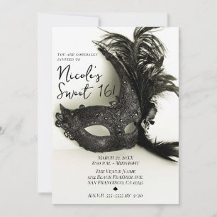 Elegante schwarze Feder-Maskerade Weise Sweet 16 Einladung