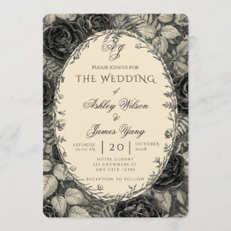 Elegante schwarze florale botanische Hochzeitseinl Einladung