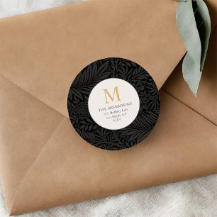Elegante schwarze florale goldene Monogramm-Rückse Runder Aufkleber