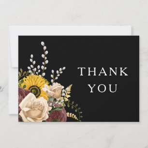 Elegante schwarze florale Hochzeit Dankeskarte