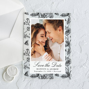 Elegante schwarze florale Hochzeit "Save the Date" Acryleinladungen