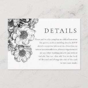 Elegante schwarze florale Hochzeitsdetails Begleitkarte