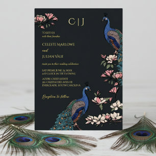 Elegante schwarze florale Pfauenhochzeit Folieneinladung