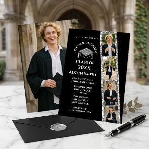 Elegante schwarze Fotostreifen-Abschlussfeier mit Einladung