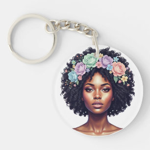Elegante schwarze Frau mit Blumen-Haarschmuck Afro Schlüsselanhänger