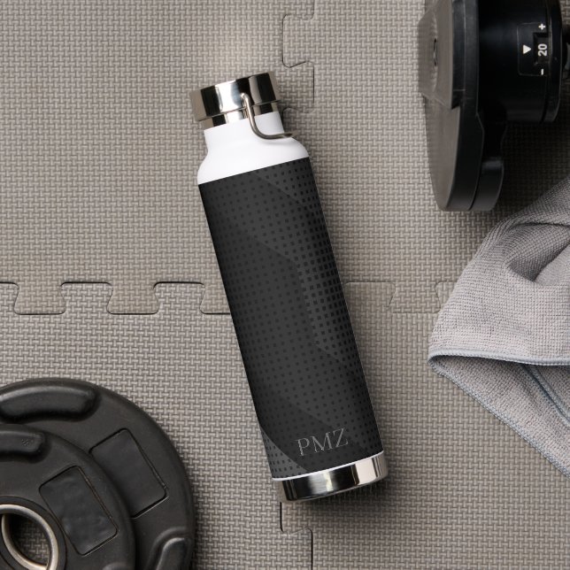 Elegante schwarze geometrische Initialen Sport Trinkflasche (Fitnessstudio (gedreht))
