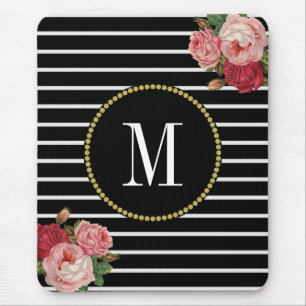 Elegante schwarze gestreifte antike Boho-Blumenmon Mousepad
