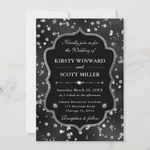 Elegante schwarze Glitter-Diamanten Glam-Hochzeit Einladung