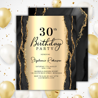 Elegante schwarze Gold 30. Geburtstagseinladung im