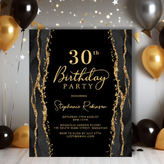 Elegante schwarze Gold 30. Geburtstagseinladung im