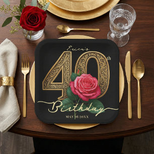 Elegante schwarze Gold 40. Geburtstag rote Rose fl Pappteller