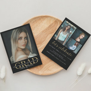 Elegante schwarze Gold 4 Foto-Abschlussfeier Einladung