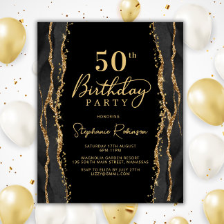 Elegante schwarze Gold 50. Geburtstagseinladung im