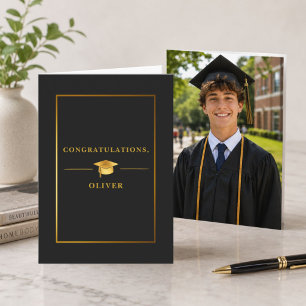 Elegante schwarze Gold-Abschlussfoto  Karte