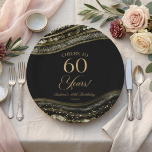 Elegante schwarze Gold-Achat-60.-Geburtstagsfeier Pappteller