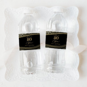 Elegante Schwarze Gold-Achat 80. Geburtstagsfeier Wasserflaschenetikett