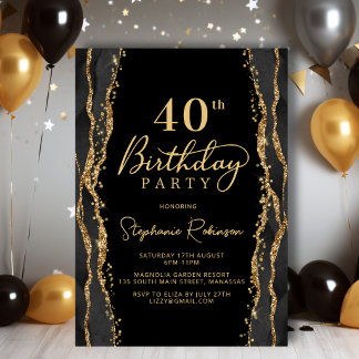 Elegante schwarze Gold-Achat-Einladung zum 40. Geb Einladung