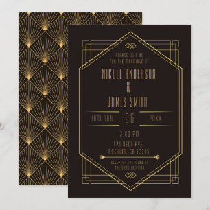 Elegante schwarze Gold Art Deco Hochzeitsheirat Einladung