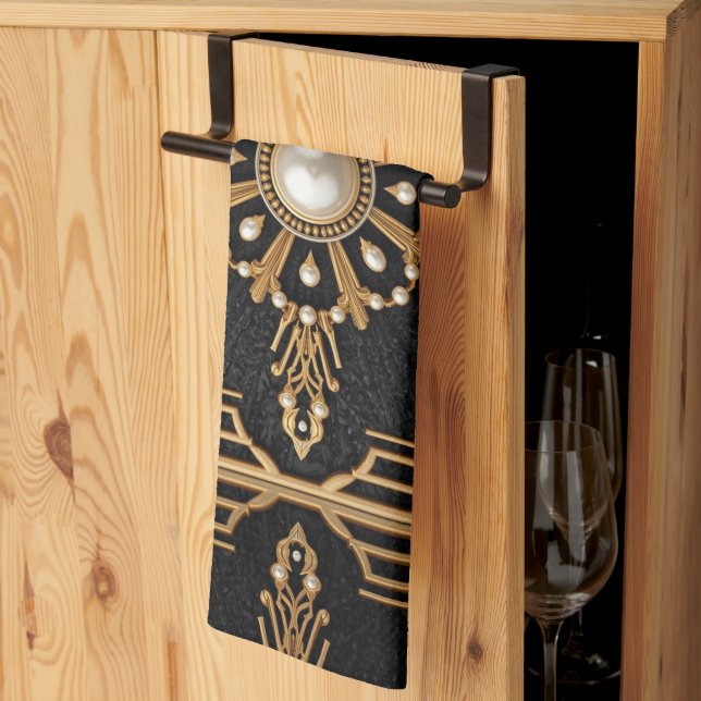 Elegante schwarze Gold Art Deco Perlen Geschirrtuch (Drittel gefaltet)