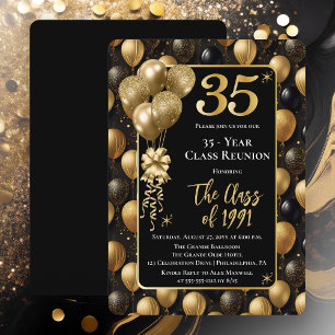 Elegante schwarze Gold-Ballons 35. Klassentreffen Einladung