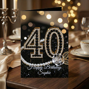 Elegante schwarze Gold-Diamanten-Perlen 40. Geburt Karte