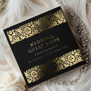 Elegante Schwarze-Gold-Flora-Hochzeit Gästebuch