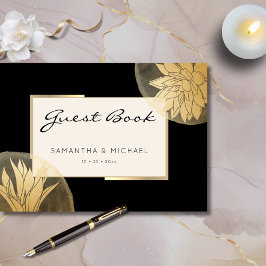 Elegante Schwarze-Gold-Flora-Hochzeit Gästebuch